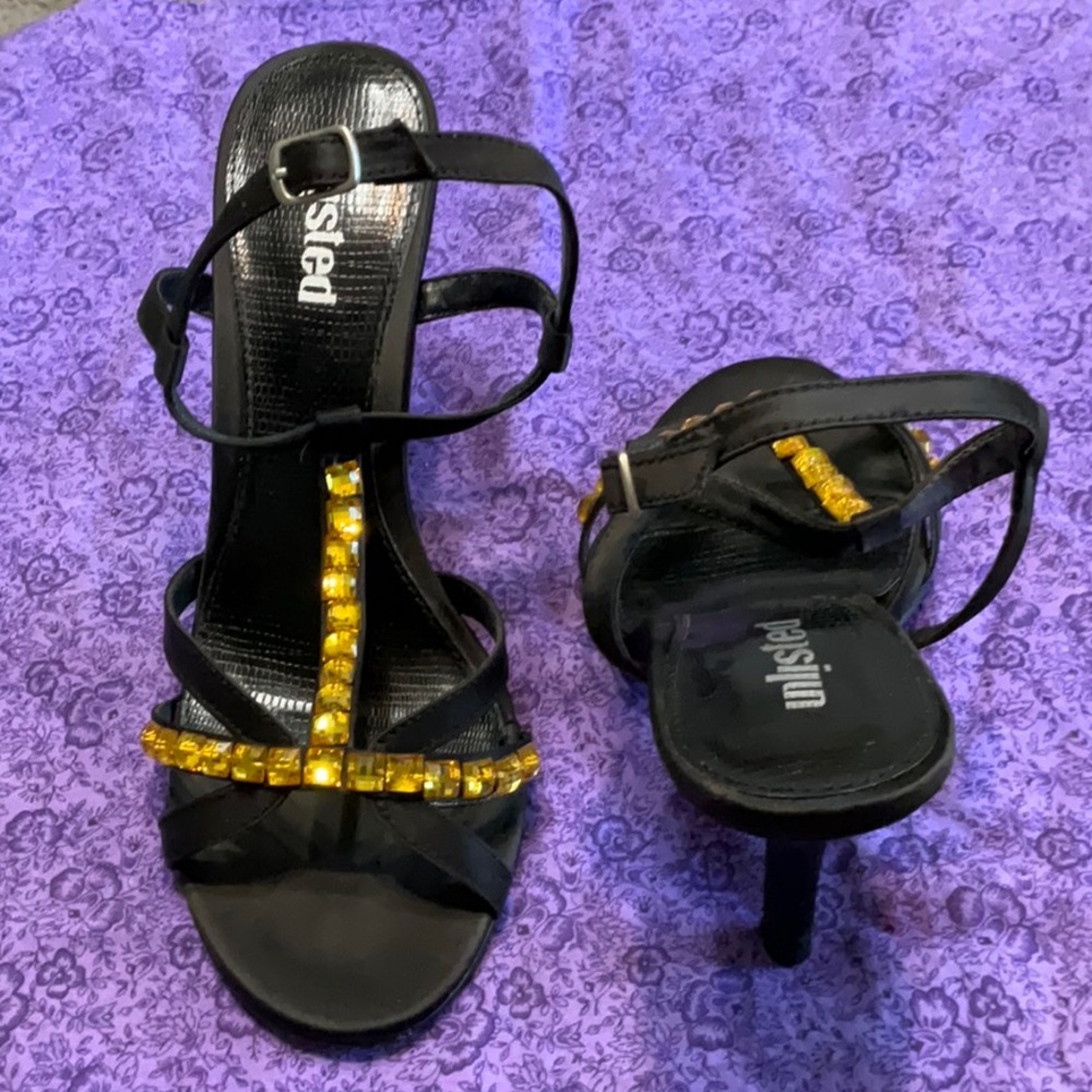Unlisted Black Satin with Gold jewels Sandal Heels